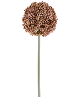 Un unico fiore artificiale Allium di 75 cm di colore malva, con un lungo stelo verde e un grande grappolo rotondo di piccoli boccioli color malva, raffigurati su sfondo bianco.