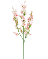 Un singolo stelo verde con rami multipli porta grappoli di piccoli, delicati fiori artificiali di nepitella rosa pallido da 75 cm e foglie verdi, raffigurati su un semplice sfondo bianco.