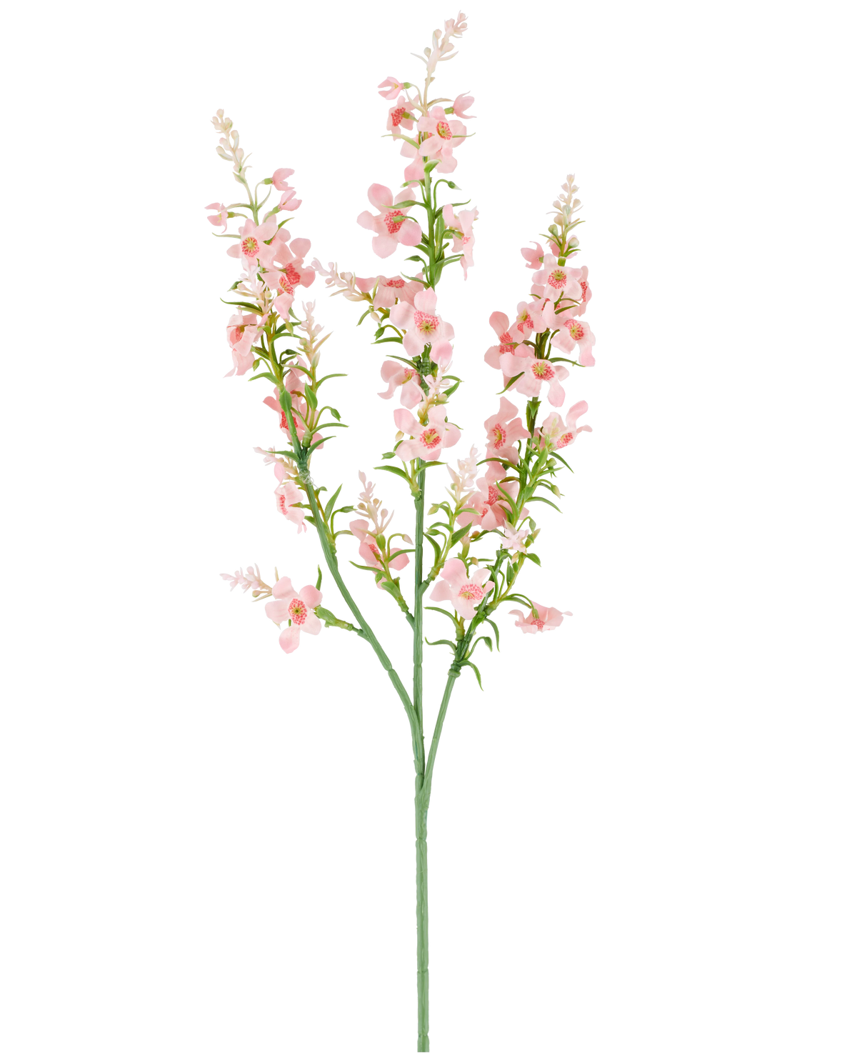 Un singolo stelo verde con rami multipli porta grappoli di piccoli, delicati fiori artificiali di nepitella rosa pallido da 75 cm e foglie verdi, raffigurati su un semplice sfondo bianco.