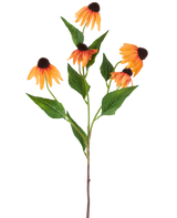 Un singolo fiore artificiale di Echinacea di 75 cm, arancione, con cinque vivaci coneflower arancioni, ciascuno con un centro marrone scuro e circondato da foglie verdi, su uno sfondo bianco semplice.