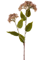 Un singolo stelo di fiore artificiale Sedum 67 cm color malva ha due mazzi di piccoli fiori color malva chiaro e numerose foglie verdi su sfondo bianco.