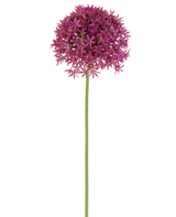 Un unico lungo stelo del fiore artificiale dente di leone da 63 cm fucsia porta un grappolo rotondo di piccoli fiori fucsia a forma di stella su uno sfondo bianco.