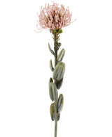 Un singolo stelo del fiore artificiale Protea da 61 cm color malva, con foglie ovali verdi e un fiore rotondo e appuntito rosa malva chiaro nella parte superiore, raffigurato su un semplice sfondo bianco.