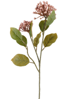 Fiore artificiale Ortensia 55 cm color malva, con mazzi di piccoli boccioli color malva e foglie verdi su steli lunghi e sottili di colore marrone-verde, raffigurati su sfondo bianco.