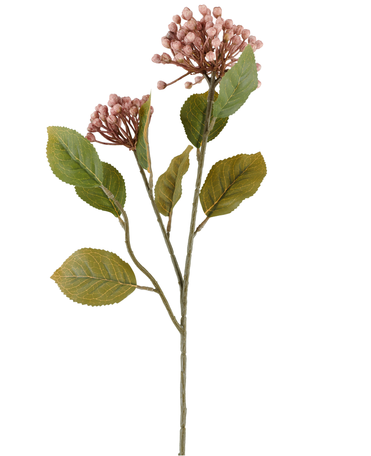 Fiore artificiale Ortensia 55 cm color malva, con mazzi di piccoli boccioli color malva e foglie verdi su steli lunghi e sottili di colore marrone-verde, raffigurati su sfondo bianco.