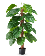 Una pianta artificiale Epipremnum aureum, alta 120 cm, con grandi foglie verdi lucide in un vaso nero, raffigurata su uno sfondo bianco semplice.