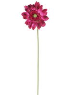 Un singolo fiore artificiale Mini Gerbera di 47 cm in rosa scuro con petali a strati e un cuore verde su uno stelo verde lungo e sottile, isolato su uno sfondo bianco.