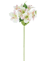 Fiore artificiale Alstroemeria 47 cm color crema con petali color crema e sottili macchie rosse, integrati con foglie verdi su un unico stelo verde, raffigurato su uno sfondo bianco.