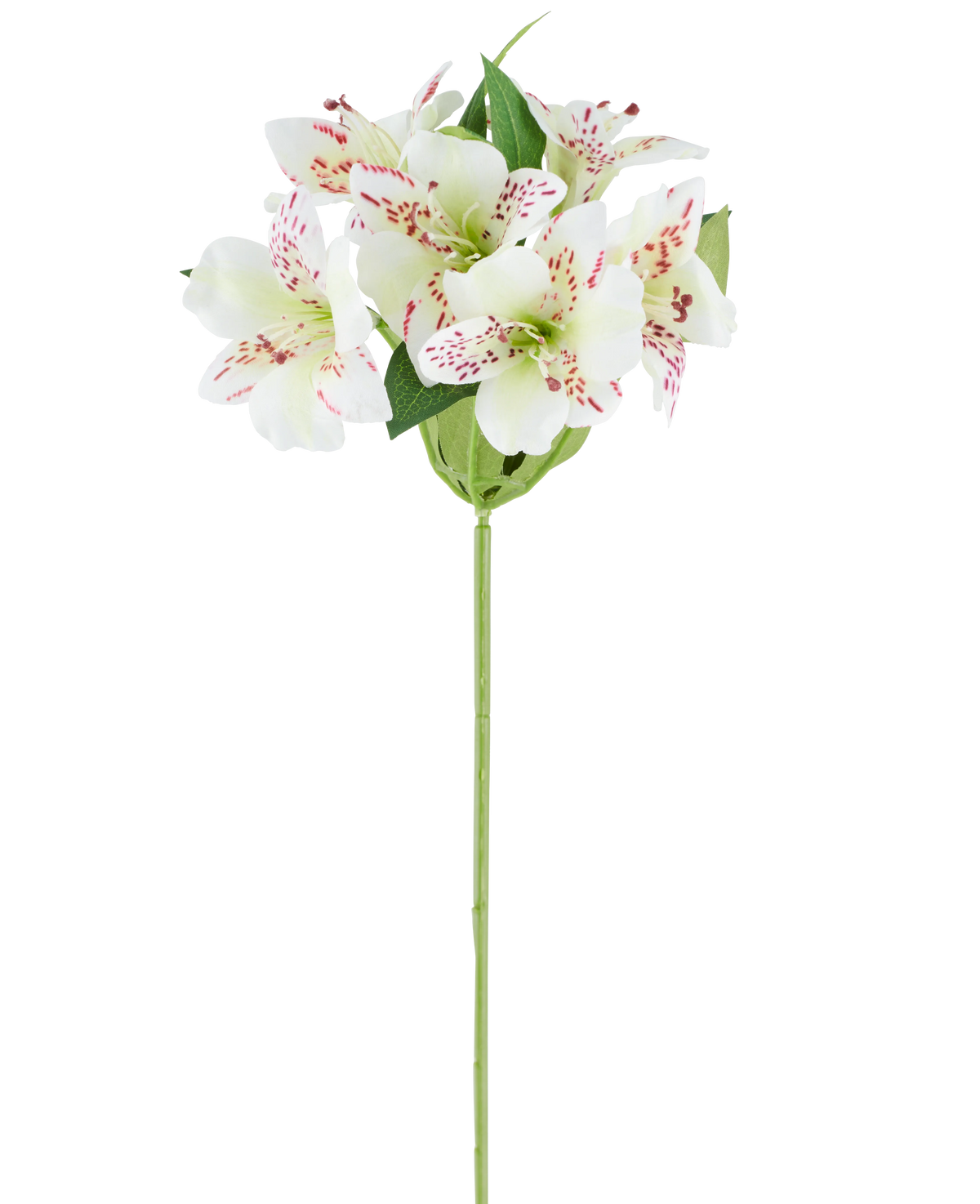 Fiore artificiale Alstroemeria 47 cm color crema con petali color crema e sottili macchie rosse, integrati con foglie verdi su un unico stelo verde, raffigurato su uno sfondo bianco.