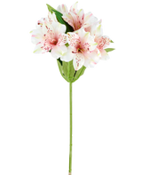 Un fiore artificiale di Alstroemeria di 47 cm di colore rosa/crema, con gigli artificiali rosa chiaro e bianchi con foglie e stelo verdi, raffigurati su sfondo bianco.