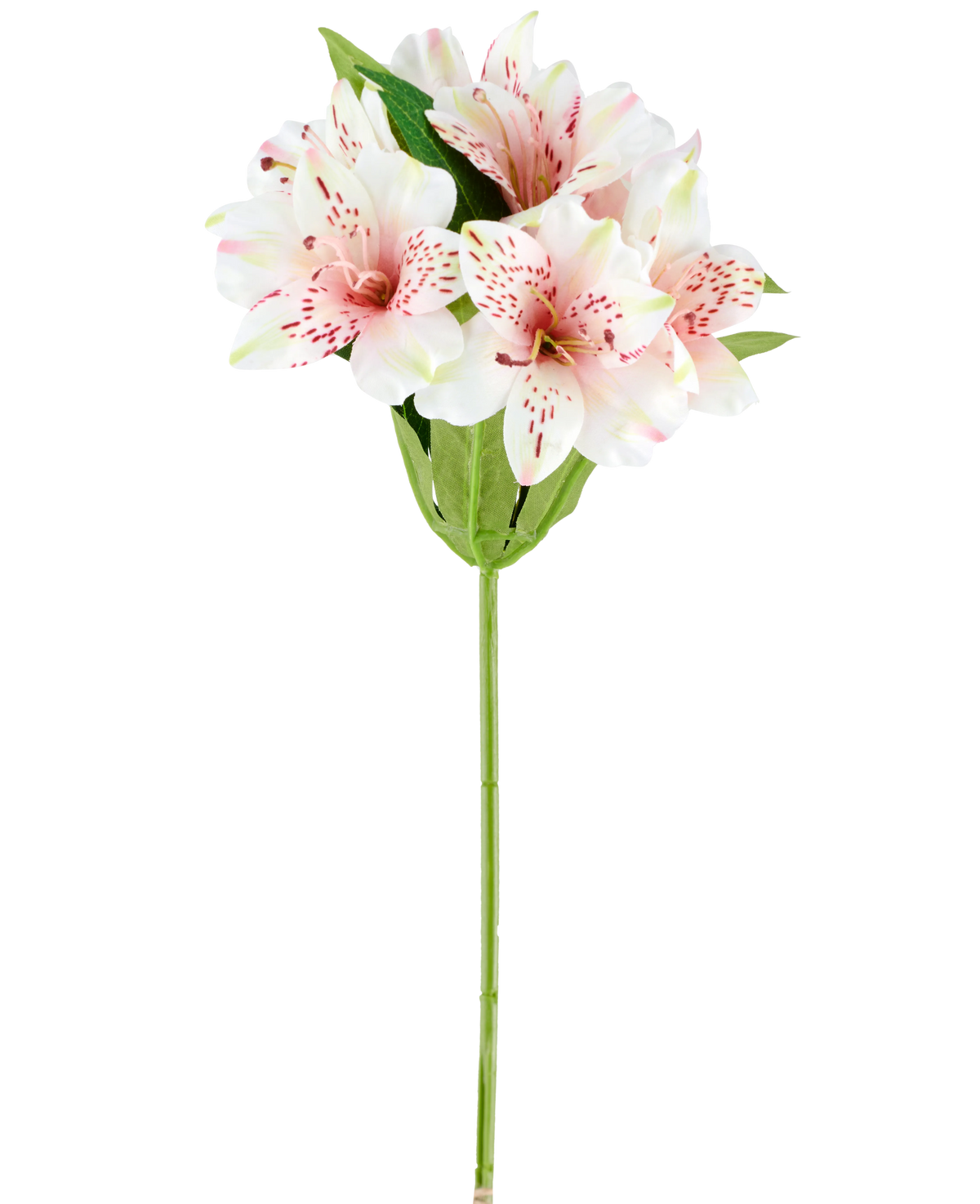 Un fiore artificiale di Alstroemeria di 47 cm di colore rosa/crema, con gigli artificiali rosa chiaro e bianchi con foglie e stelo verdi, raffigurati su sfondo bianco.