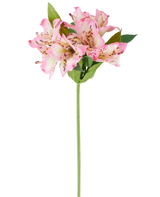 Un singolo fiore artificiale di Alstroemeria di 47 cm, rosa/crema, con vari fiori rosa e crema e foglie verdi, su sfondo bianco.