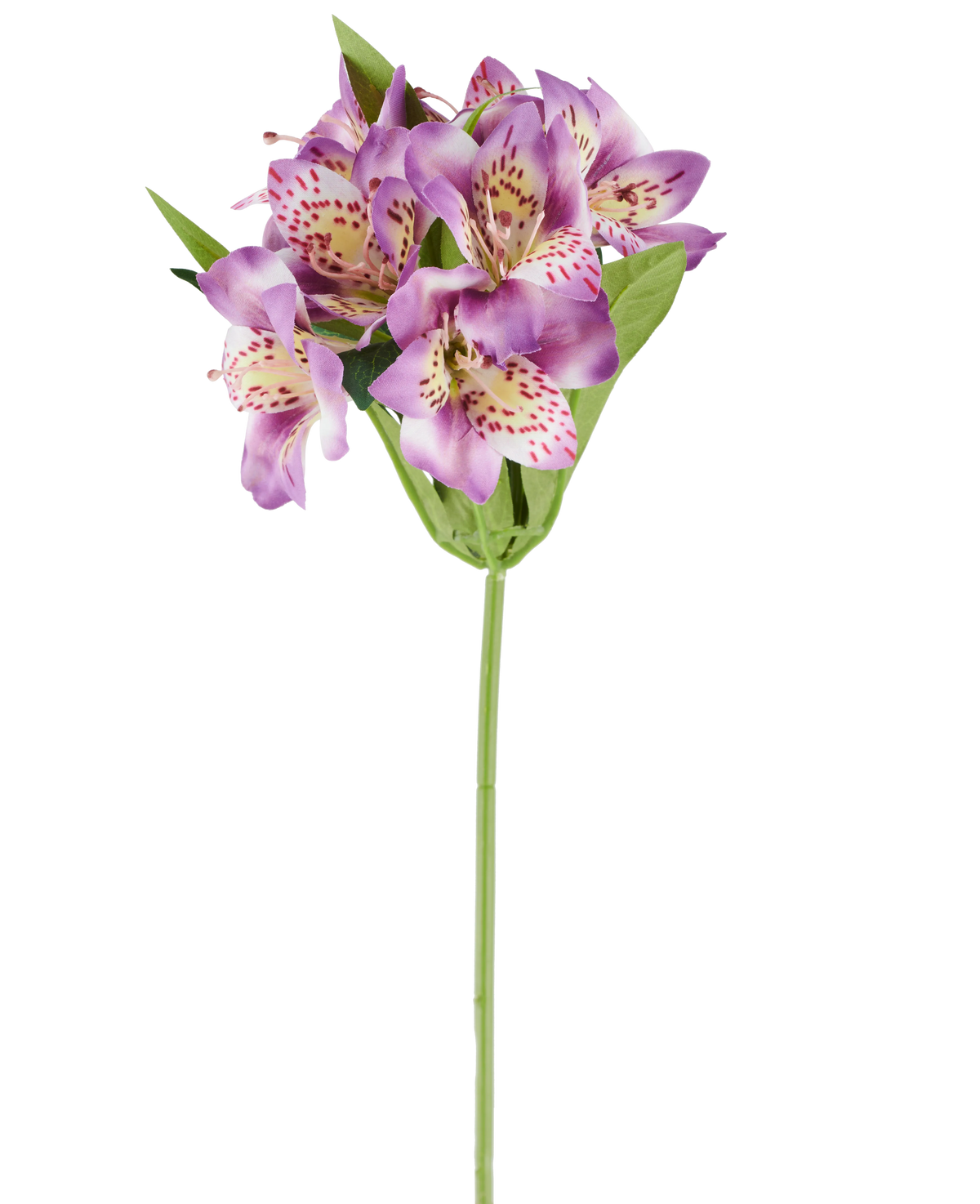 Un unico fiore artificiale di Alstroemeria di 47 cm, di colore lilla, con diversi fiori viola con macchie rosa, foglie verdi e stelo verde, fotografato su sfondo bianco.