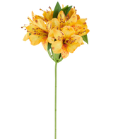 Un fiore artificiale di Alstroemeria da 47 cm, giallo, con vivaci petali maculati giallo-arancio e foglie verdi lussureggianti su un unico stelo verde, raffigurato su uno sfondo bianco.