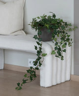 L'edera artificiale Deluxe Green da 90 cm, con i suoi rigogliosi viticci pendenti, si trova su una panca strutturata bianca accanto a un cuscino color crema in una stanza minimalista con pavimenti in legno chiaro.