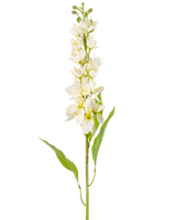 Il fiore artificiale mela asiatica crema da 84 cm ha un lungo stelo con diversi fiori delicati color crema e foglie verdi lunghe e strette su uno sfondo bianco semplice.