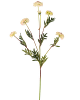 Il fiore artificiale pompon crisantemo 69 cm crema/rosa ha un unico stelo con molteplici fiori rosa crema, simili a margherite e foglie verdi a forma di felce su uno sfondo bianco semplice.