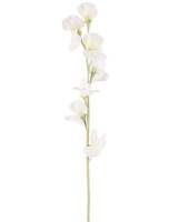 Un singolo fiore artificiale di pisello color crema da 64 cm ha molteplici delicati fiori bianco crema su steli verde chiaro, su uno sfondo bianco semplice.
