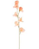 Un singolo fiore di pisello artificiale pesca da 64 cm ha un pisello artificiale color pesca chiaro con volant nei petali e uno stelo verde, isolato su bianco.