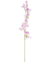 Un unico fiore di pisello artificiale lungo 64 cm con stelo viola con delicati fiori viola disposti verticalmente, su uno sfondo bianco semplice.