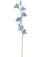 Il fiore artificiale del pisello blu da 64 cm ha un unico stelo verde sottile con diversi delicati fiori blu e boccioli verdi sparsi lungo la sua lunghezza, su uno sfondo bianco semplice.