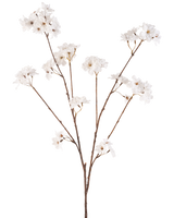 Il fiore artificiale Cherry Blossom 114 cm crema ha uno stelo marrone che si ramifica in steli più piccoli, ciascuno decorato con delicati fiori artificiali in una tonalità bianco crema, su uno sfondo bianco a tinta unita.