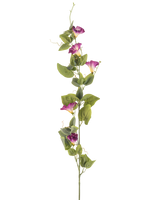 Il fiore artificiale del convolvolo color malva da 122 cm ha un unico stelo verde alto con molteplici fiori color malva e ipomea bianchi e foglie verdi lungo la sua lunghezza, su uno sfondo bianco.