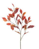 Il fiore artificiale foglia di olmo rosso da 113 cm ha più steli sottili con vivaci foglie autunnali rosse e arancioni, isolate su uno sfondo bianco.