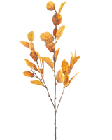 Il fiore artificiale foglia di limone 107 cm giallo ha un unico ramo marrone con mazzi di foglie autunnali gialle, isolate su sfondo bianco.