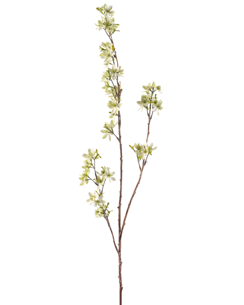Il fiore artificiale Fiori 102 cm verde è un singolo ramo marrone sottile con diversi germogli e piccoli mazzi di fiori verde chiaro e bianchi su uno sfondo bianco semplice.