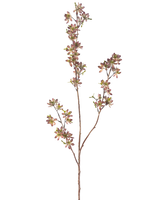 Il fiore artificiale fiori viola/verde da 102 cm ha un unico stelo marrone con rami multipli, ciascuno decorato con piccole foglie maculate viola e verdi, su uno sfondo bianco semplice.