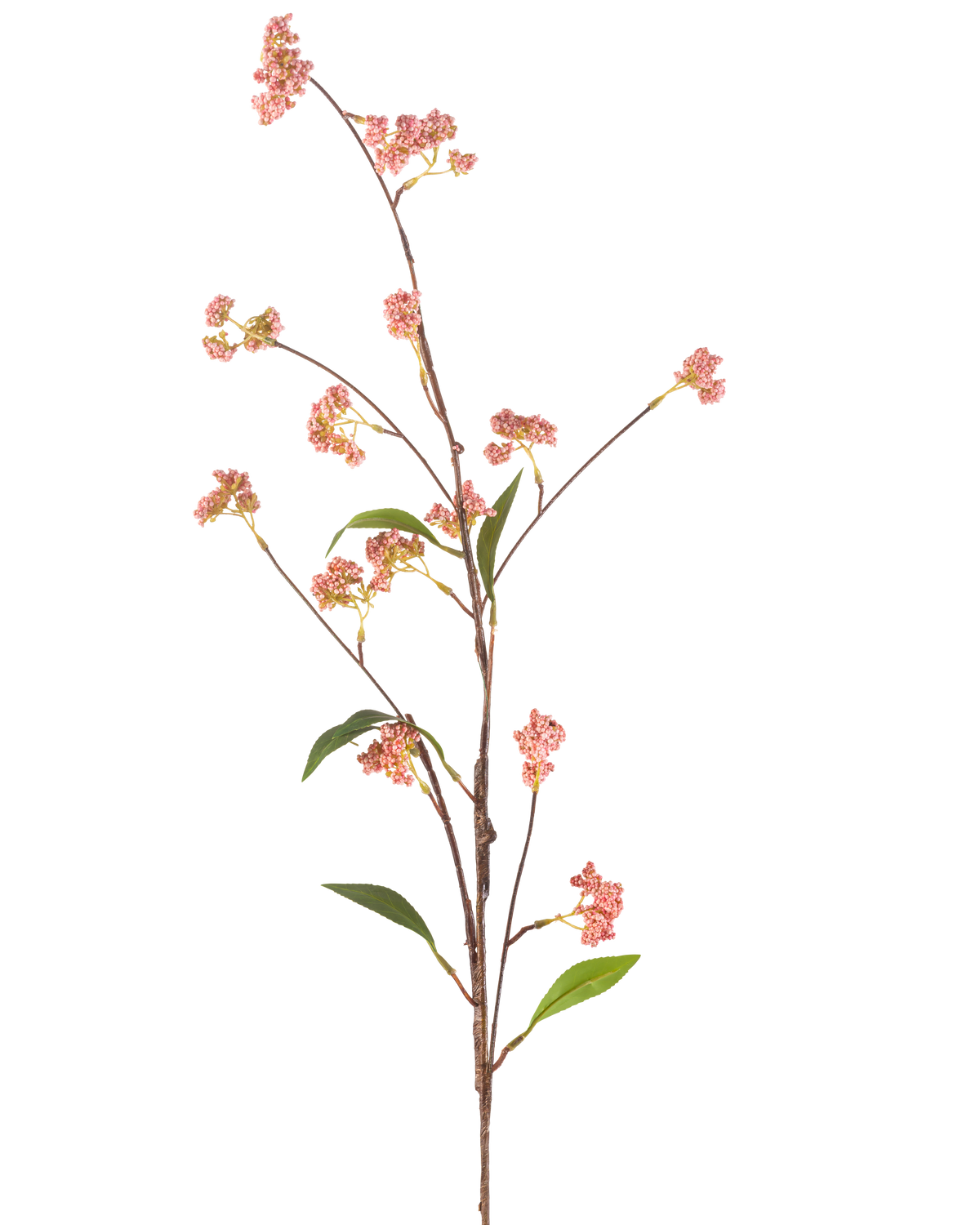 Il fiore artificiale bacche rosa da 95 cm ha uno stelo lungo e sottile con una serie di piccoli mazzi di bacche rosa e alcune foglie verdi, raffigurate su un semplice sfondo bianco.