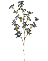 Il fiore artificiale bacche blu scuro da 104 cm è un singolo ramo sottile con foglie verdi e grappoli di piccole bacche rotonde blu scuro, visualizzate su un semplice sfondo bianco.