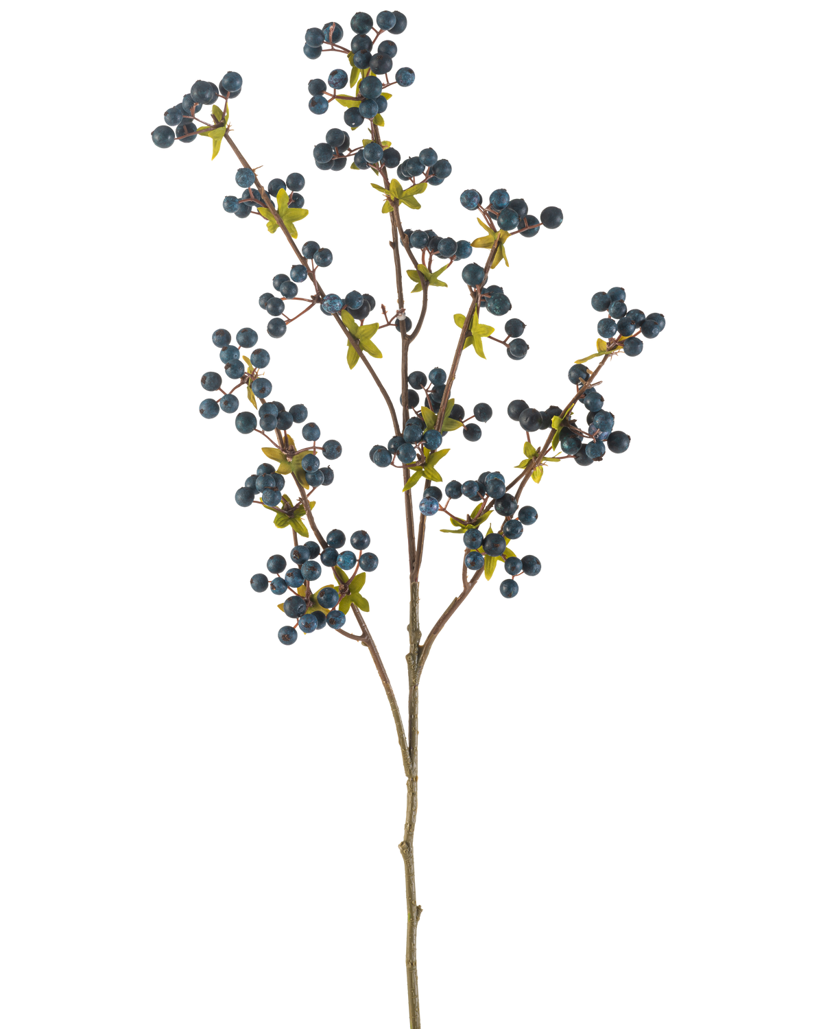 Il fiore artificiale bacche blu scuro da 104 cm è un singolo ramo sottile con foglie verdi e grappoli di piccole bacche rotonde blu scuro, visualizzate su un semplice sfondo bianco.