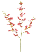 Un unico fiore artificiale rosso di orchidea da 98 cm con rami multipli, ciascuno con grappoli di fiori vivaci, su uno sfondo bianco semplice.