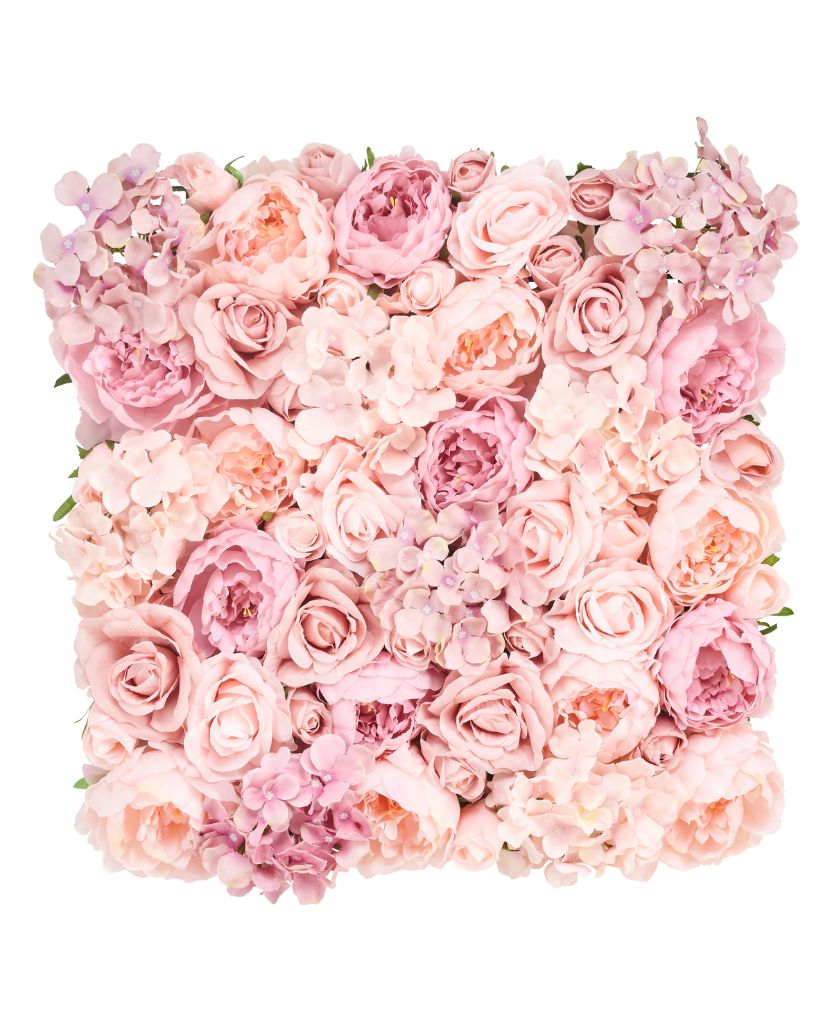 La siepe artificiale da 50x50 cm presenta una disposizione quadrata di rose, peonie e ortensie rosa e cipria ravvicinate per un aspetto morbido ed elegante su uno sfondo bianco.