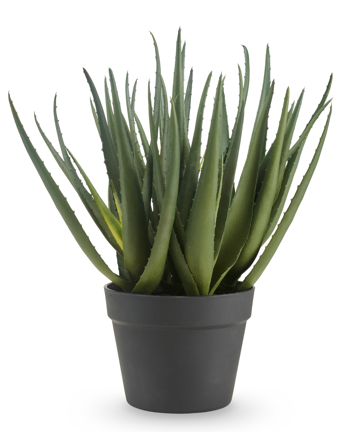 La pianta artificiale di aloe da 46 cm ha foglie verdi lunghe e appuntite e viene fornita in un semplice vaso grigio scuro, su uno sfondo bianco a tinta unita.