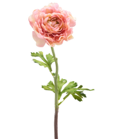 Il fiore artificiale Ranunculus rosa da 51 cm ha un singolo ranuncolo rosa con petali stratificati e foglie verdi su un lungo stelo, isolato su uno sfondo bianco.