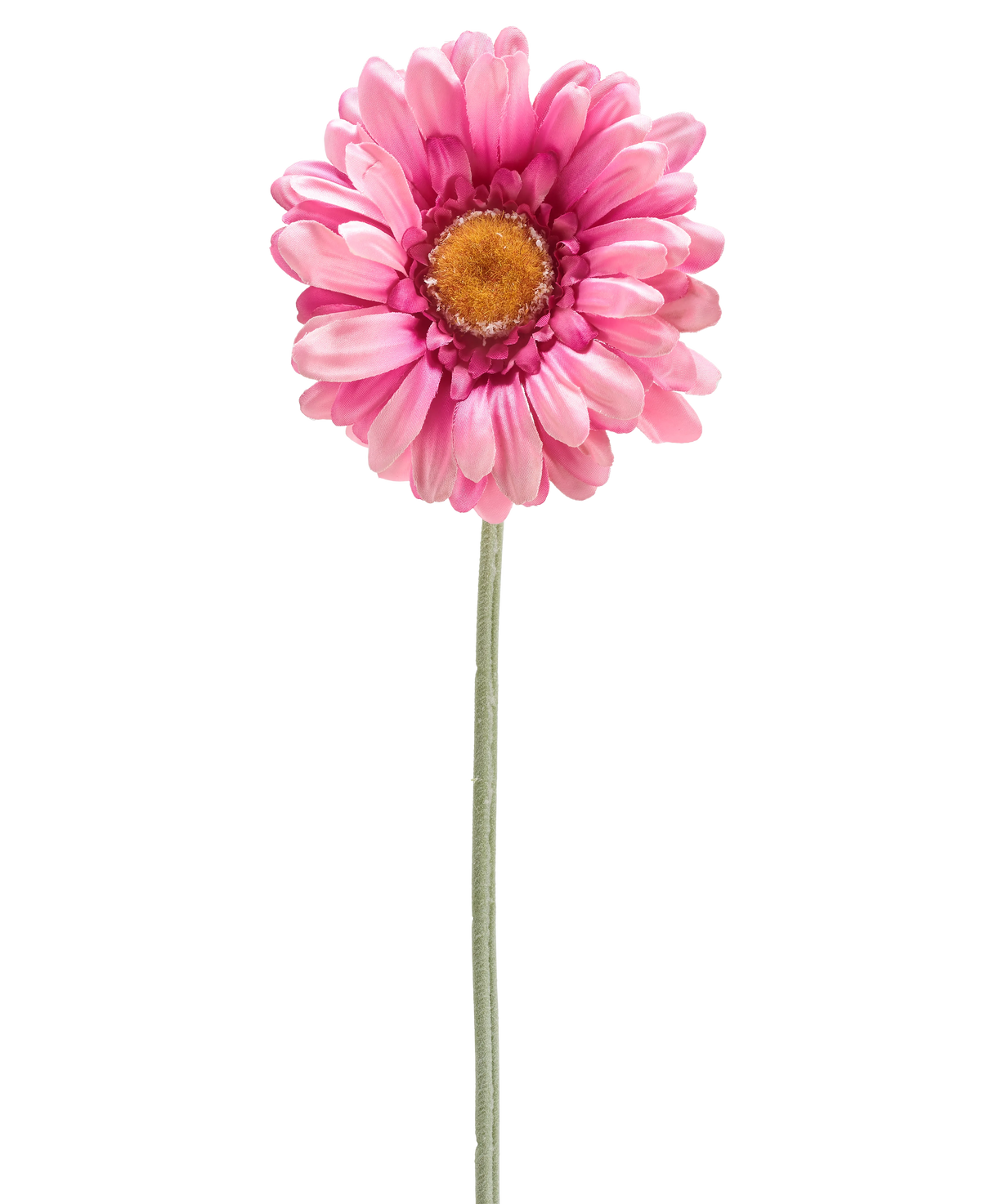 Il fiore artificiale Gerbera 53 cm rosa scuro è una singola margherita artificiale rosa scuro con un cuore giallo su un lungo stelo verde, isolata su sfondo bianco.