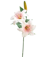 Il fiore artificiale Giglio bianco/rosa da 66 cm ha un unico stelo con due gigli bianchi e rosa aperti, un bocciolo giallo chiuso e foglie verdi, su uno sfondo bianco semplice.