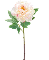 Il fiore artificiale di peonia crema da 61 cm è un singolo fiore di peonia artificiale rosa chiaro e crema con foglie verdi e un lungo stelo, raffigurato su uno sfondo bianco.