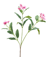 Un fiore artificiale di Catharanthus di 68 cm in fucsia/crema con foglie verdi lunghe e sottili e grappoli di fiori a cinque petali è mostrato su uno sfondo bianco semplice.