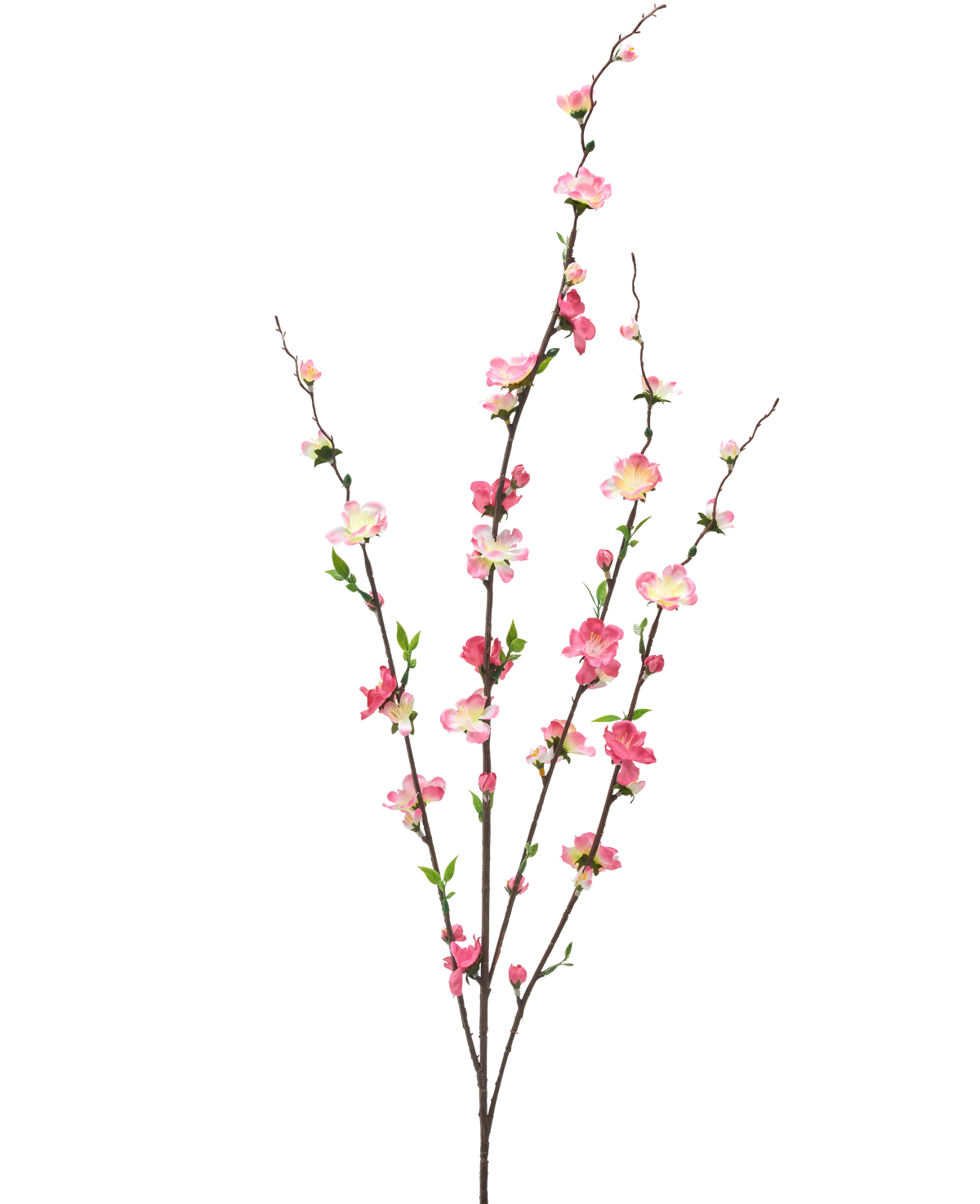Il fiore artificiale Blossom 93 cm fucsia/rosa ha tre rami sottili con piccole foglie verdi e mazzi di fiori fucsia e rosa, isolati su uno sfondo bianco.