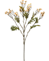 Il fiore artificiale Mini Daisy crema da 61 cm è un singolo stelo di fiore artificiale con rami multipli, foglie verdi e piccoli fiori color crema simili a margherite su uno sfondo bianco semplice.