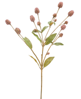 Il fiore artificiale Globosa 69 cm malva è un unico stelo artificiale con rami multipli, foglie verdi allungate e mazzi di piccoli boccioli di fiori color malva, su sfondo bianco.