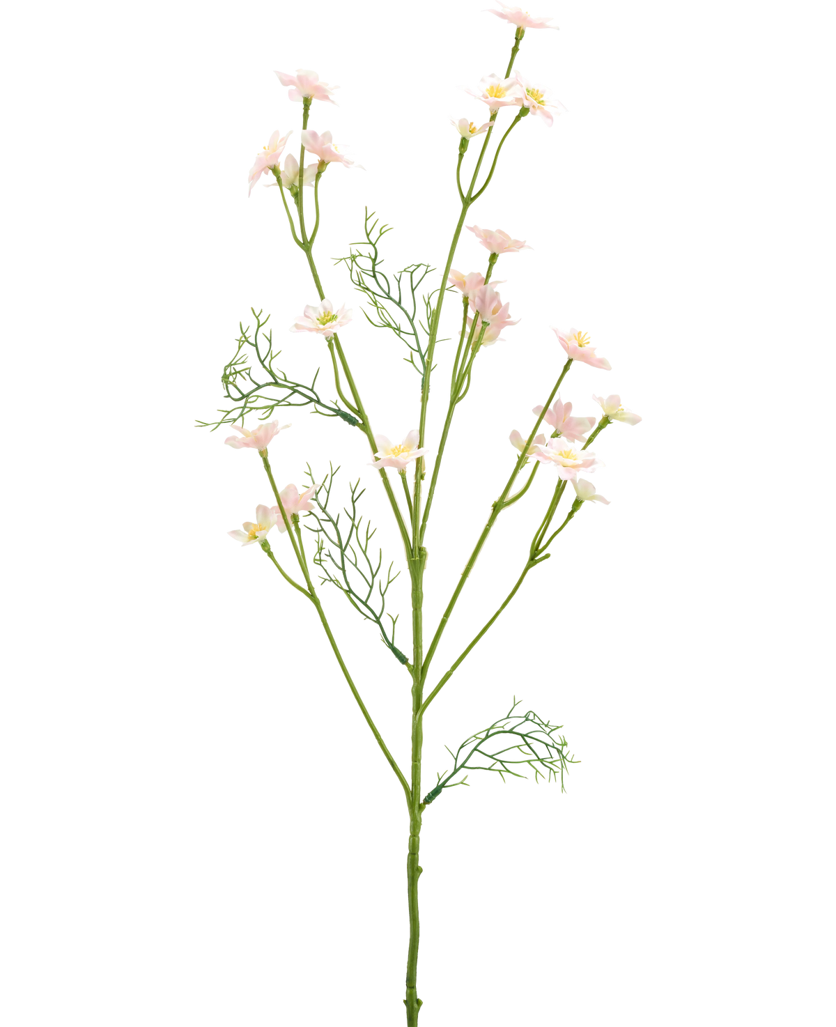 Il fiore artificiale Wild Flower 68 cm rosa chiaro ha un unico stelo verde con foglie piumate e rami multipli decorati con piccoli fiori rosa chiaro, su uno sfondo bianco semplice.