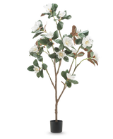 La pianta artificiale Yulania con fiore da 150 cm è un'alta magnolia artificiale con rami multipli, foglie verdi lussureggianti e fiori bianchi in un piccolo vaso nero, su uno sfondo bianco semplice.