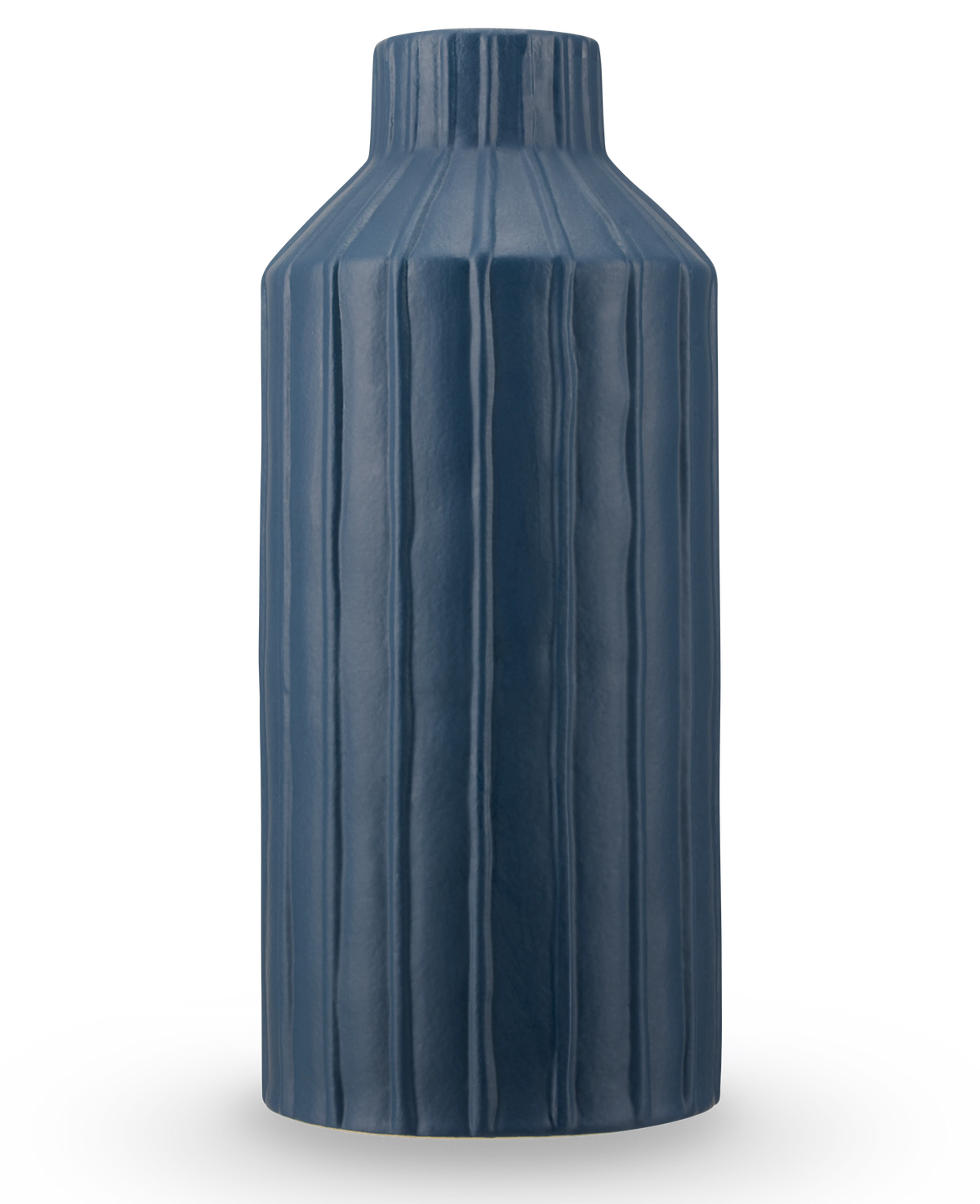 Il vaso Forest Curve 30 cm blu è un vaso alto e cilindrico con nervature verticali e finitura blu scuro opaco, raffigurato su un semplice sfondo bianco.