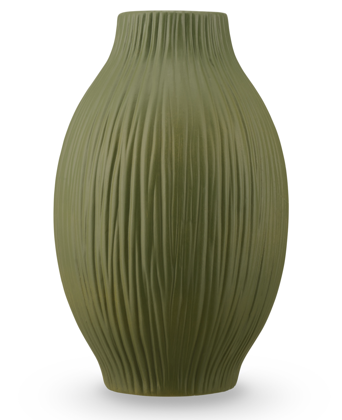 Il vaso Silent Leaf verde da 25 cm è un vaso in ceramica verde con finitura opaca e scanalature verticali sul corpo rotondo e leggermente affusolato, su uno sfondo bianco a tinta unita.