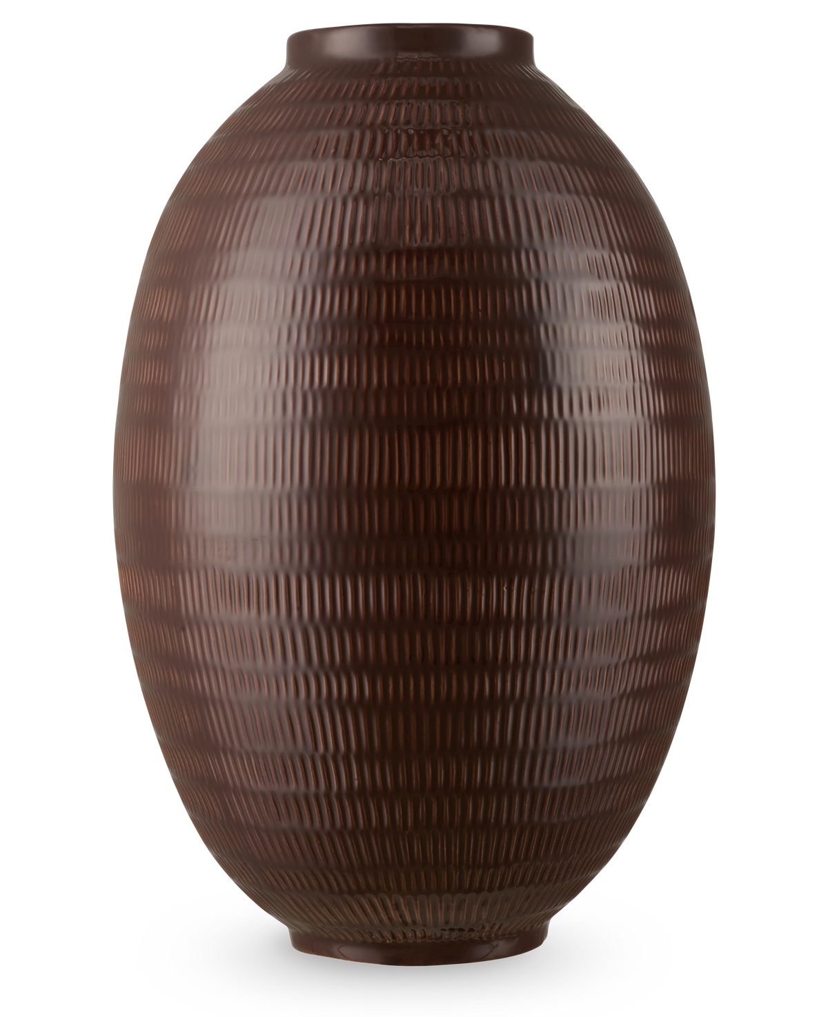Il vaso Earth Nest da 36 cm marrone è un grande vaso ovale, marrone scuro, con un motivo strutturato di linee verticali e orizzontali su uno sfondo bianco semplice.